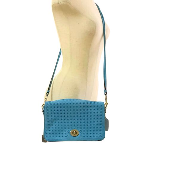 Coach Perforated Vibrant Turquoise Blue Leather Flap Crossbody Shoulder Bag - Picture 3 of 15